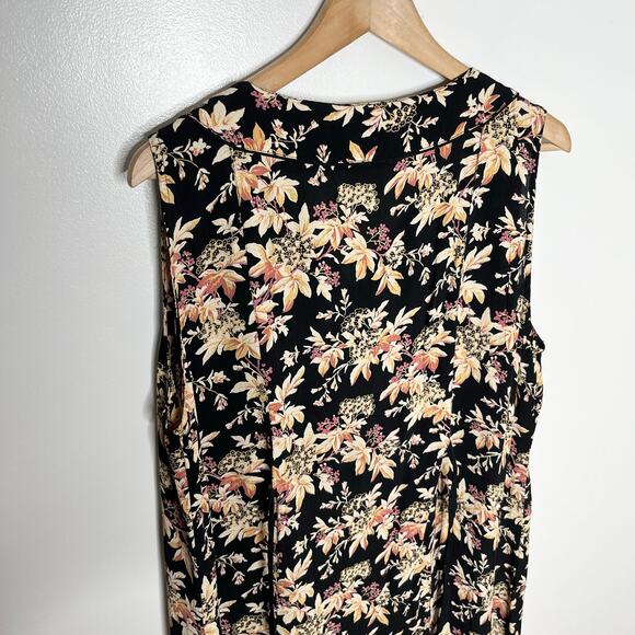 Vintage April Cornell Women Midi Dress Medium Black Floral Tie Back Button Front - Picture 7 of 9